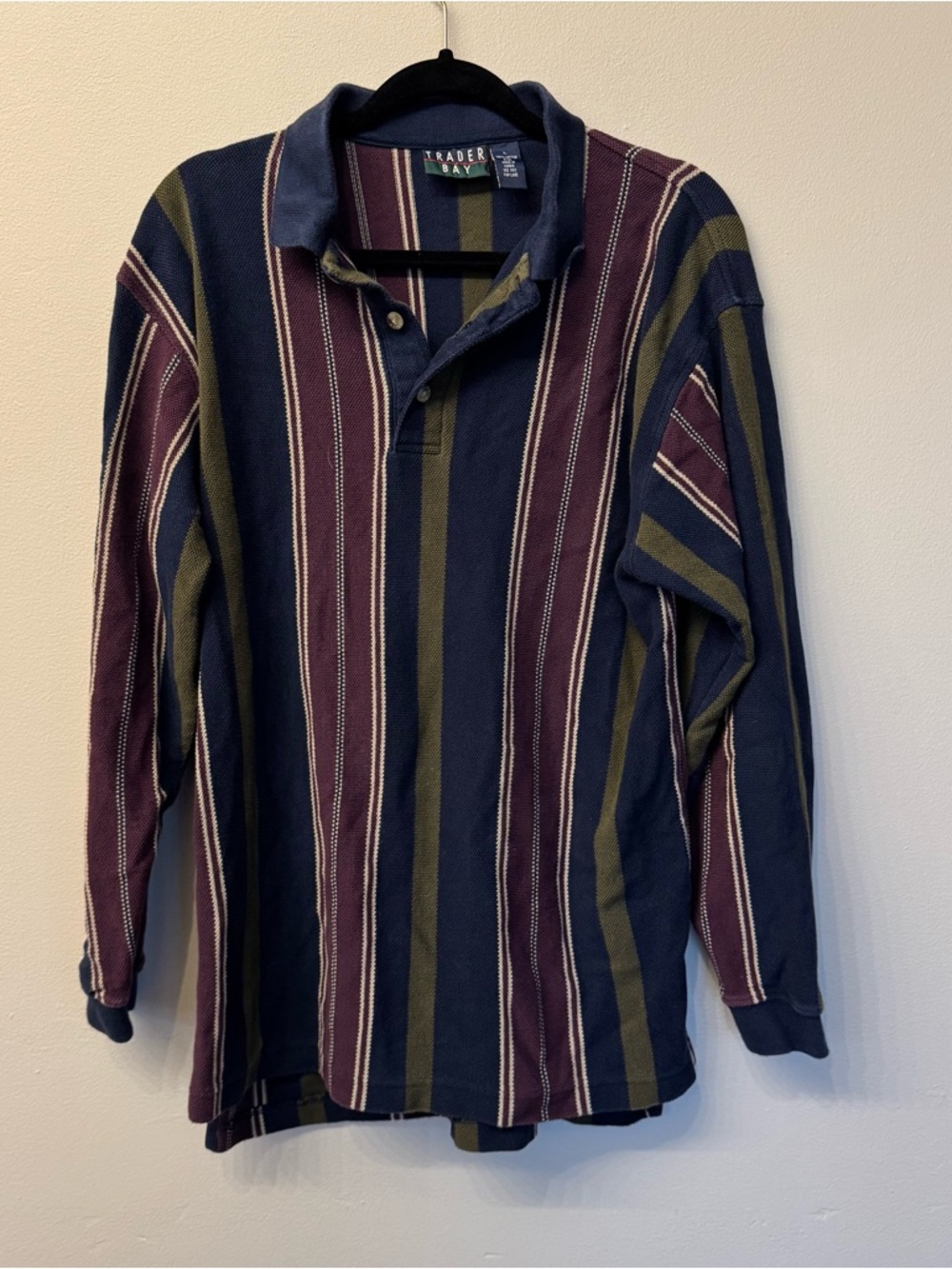 Trader Bay Vintage 90s Men's Long-Sleeve Striped Polo - Navy, Burgundy & Olive